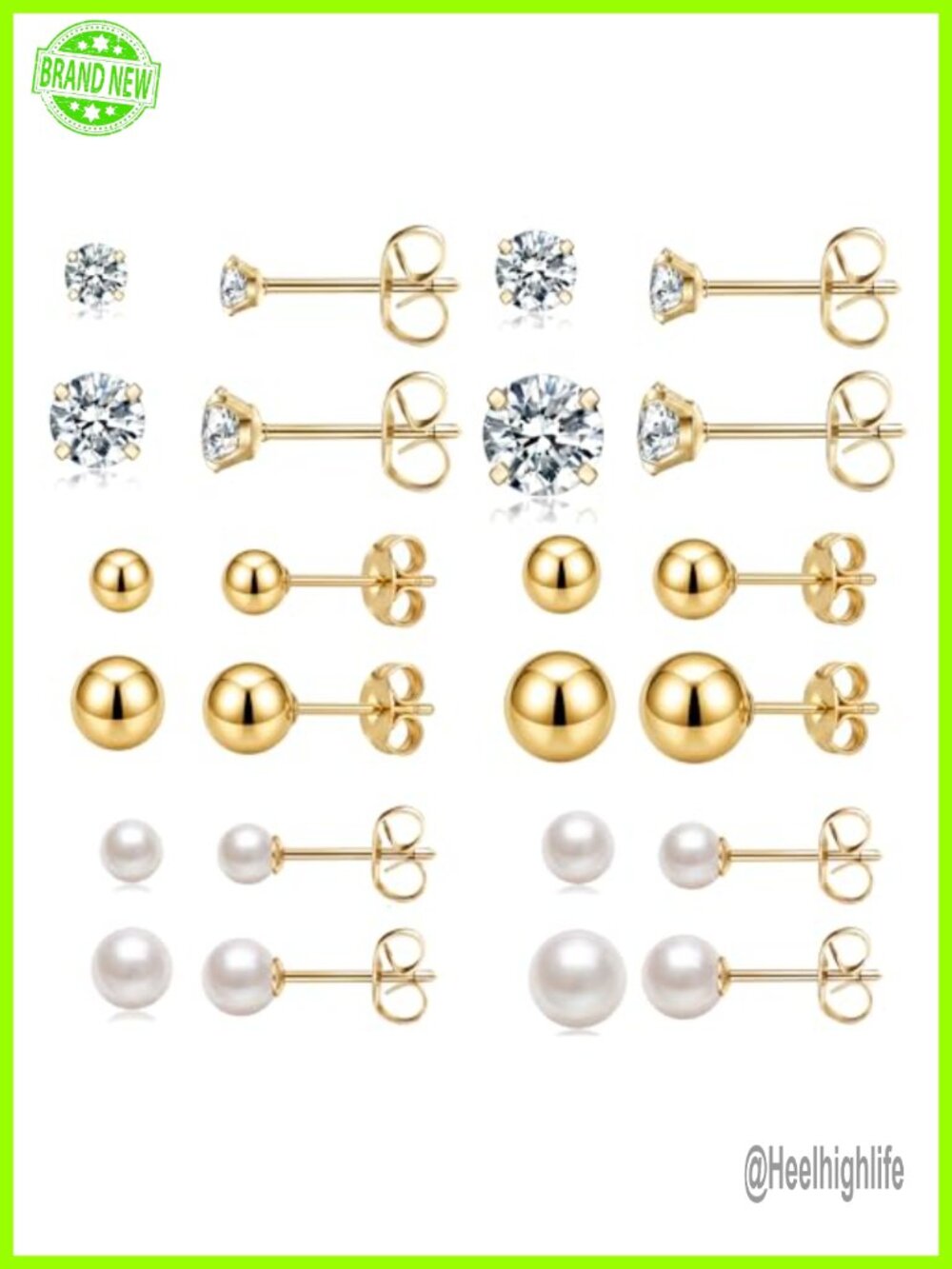 12 Pair Stud Earrings Set 14K Gold Plated Hypoallergenic Steel